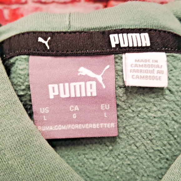 Puma Hoodie Mens Large Green Elevated Logo Kangaroo Pocket Fleece Lined Pullover - Picture 7 of 7